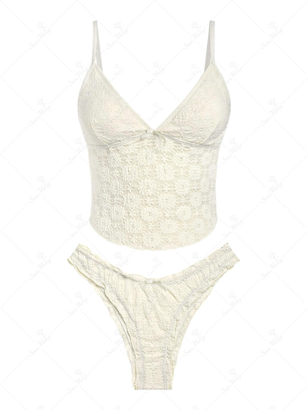 Seamolly Lace Jacquard Bowknot Decor Ruffles Tankini Set