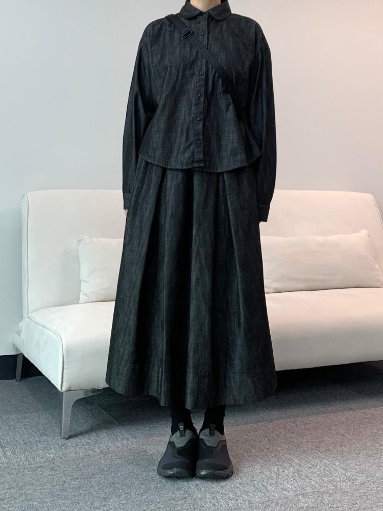 랜드 논페이드 데님 밴딩 롱 스커트 ( 2colors )