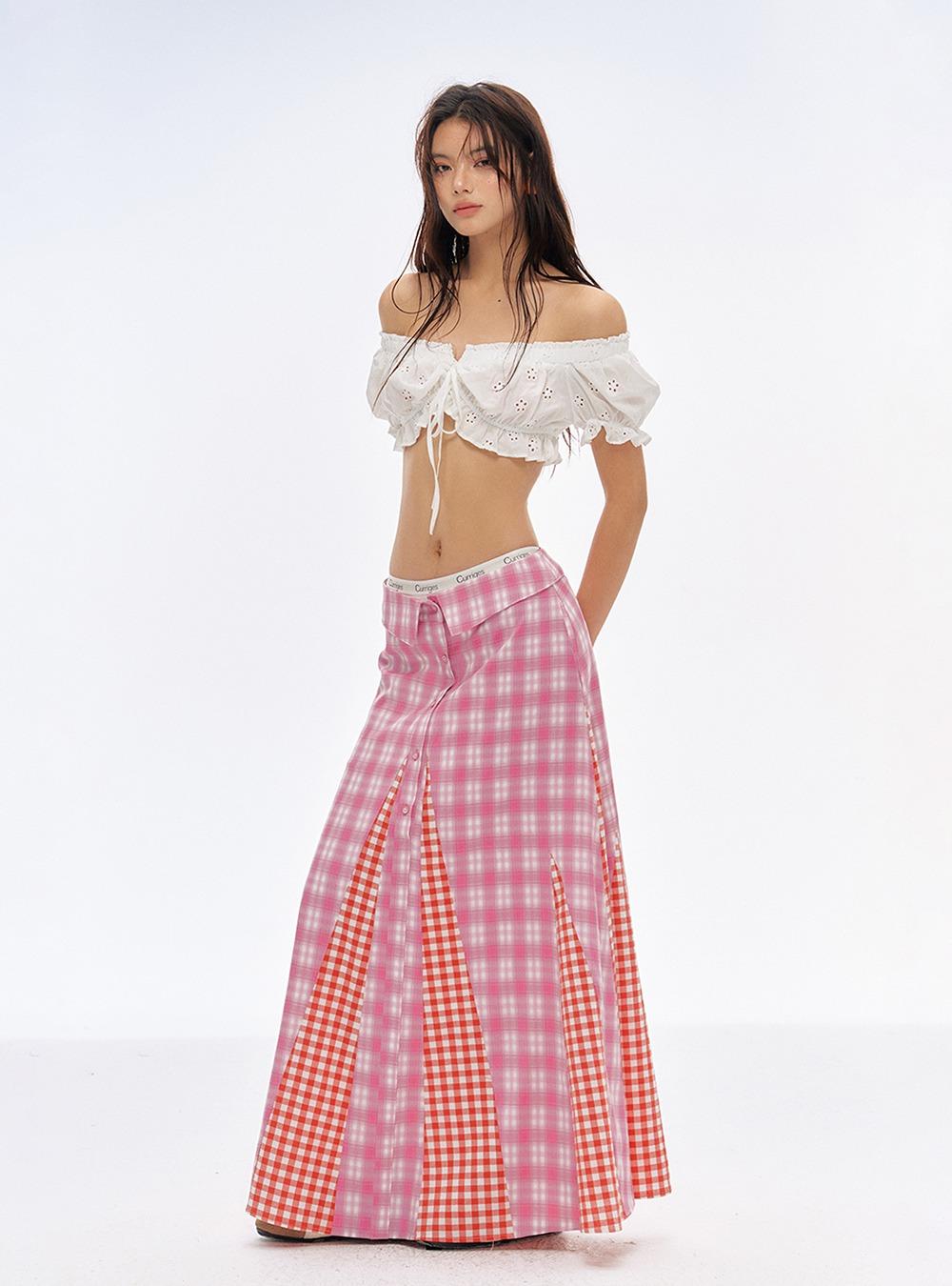 Retro Patchwork Check Long Skirt (2color)