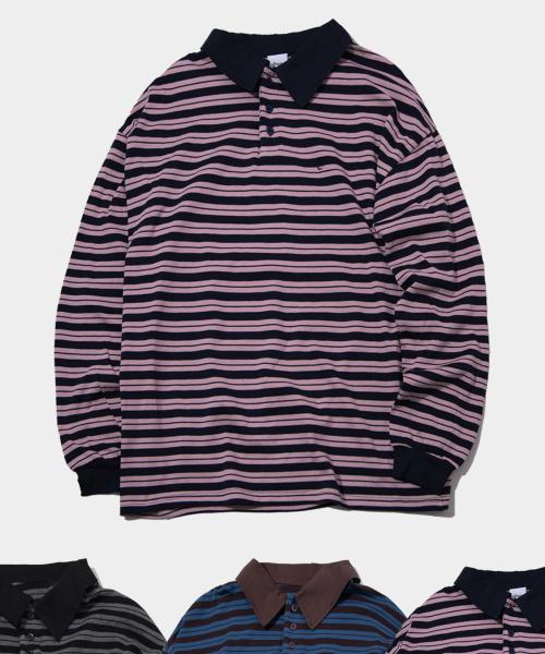 스트라이프 럭비 롱슬리브 오버핏 피케 카라 긴팔 폴로 티셔츠_3COLOR