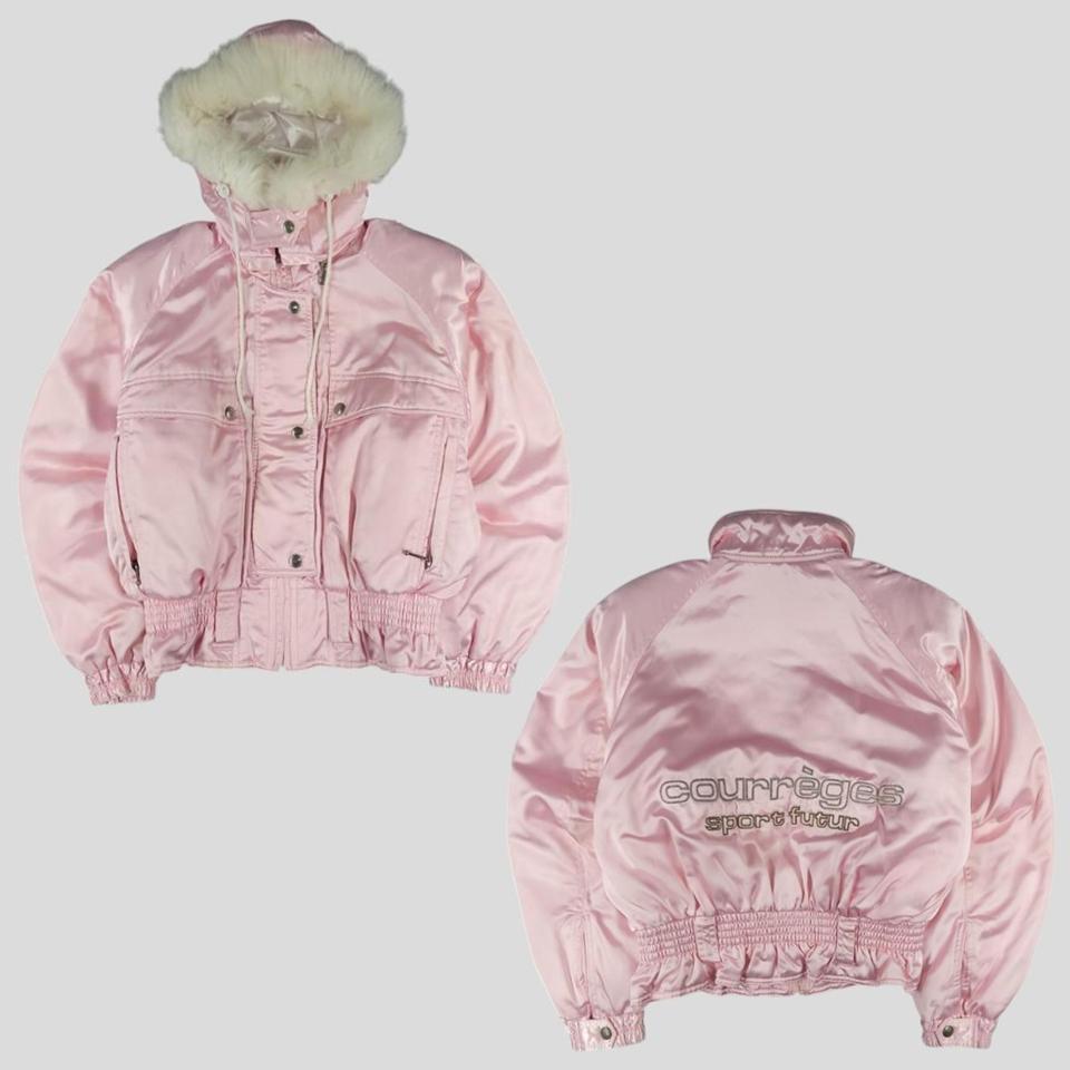꾸레쥬 JP 베이비핑크 유광 새틴 히든지퍼 레글런 크롭 경량 스키웨어 Y2K 퍼후드 패딩 점퍼 WOMANS L