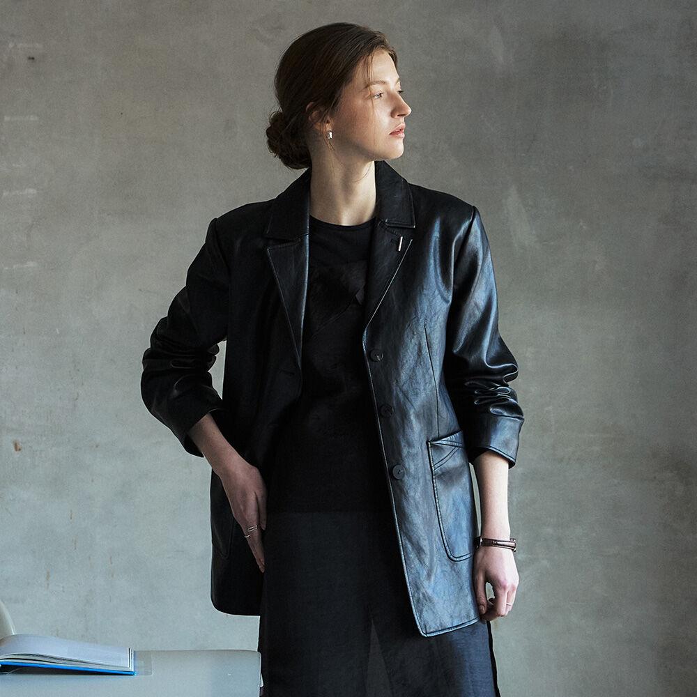 레더 오버사이즈 블레이저 자켓_BLACK