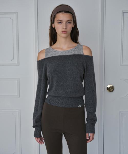 Color Mix off-shoulder Knit Top / Grey
