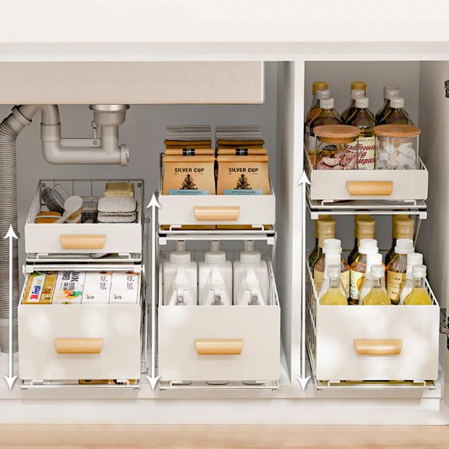 3단 높이조절 하부장 슬라이딩 선반 다용도 주방선반 3size 2colos