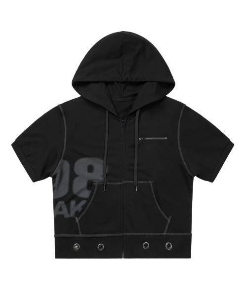 Hooded Eyelet Half Zip-Up (Black)