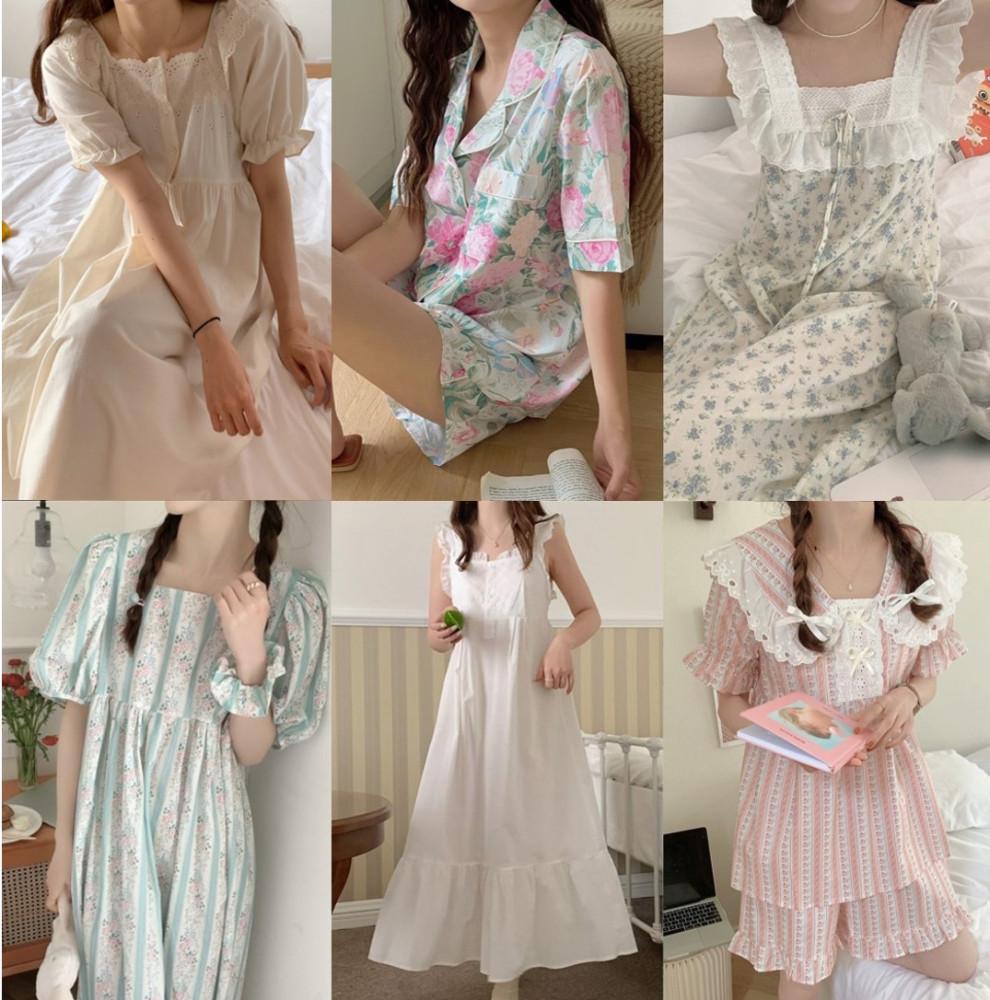 공주 레이스 프릴 원피스 잠옷 파자마 홈웨어 체크 곰돌이 실크 여성 여름 나시 반팔 잠옷