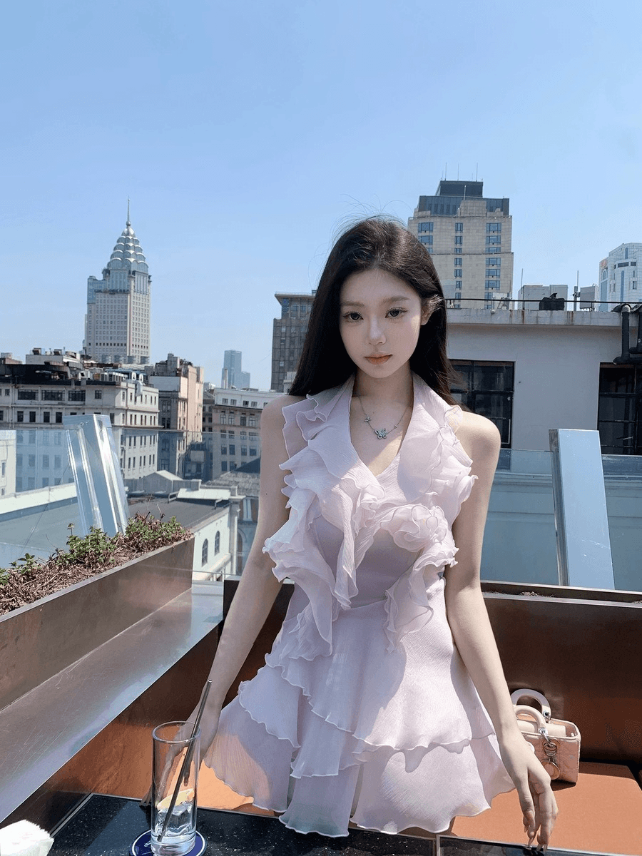 페어리 미스트 러플 믹스 엣지 넥 원피스