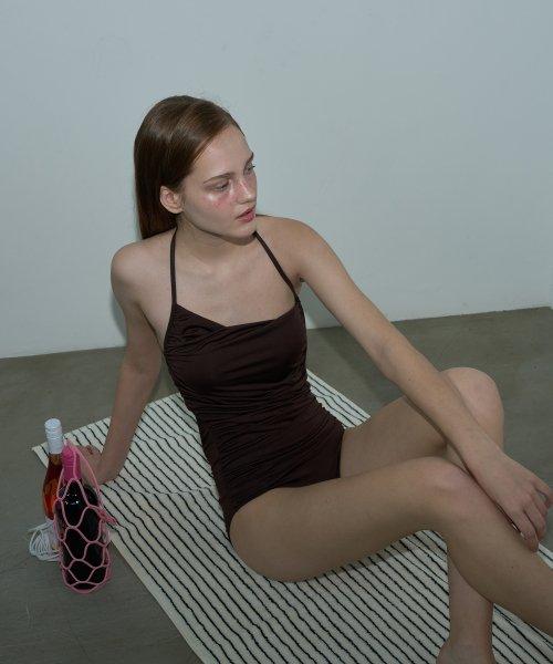 Shirring neck Back open Swim suit Cocoa