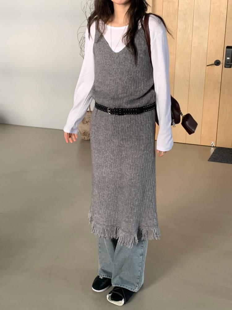 비켓 프린지 니트 나시 레이어드 원피스 2colors