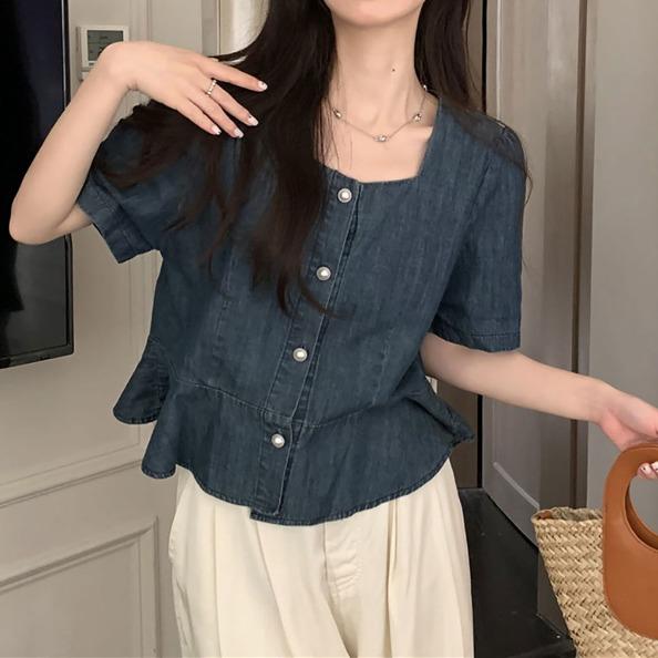 엠마 스퀘어넥 데님 블라우스