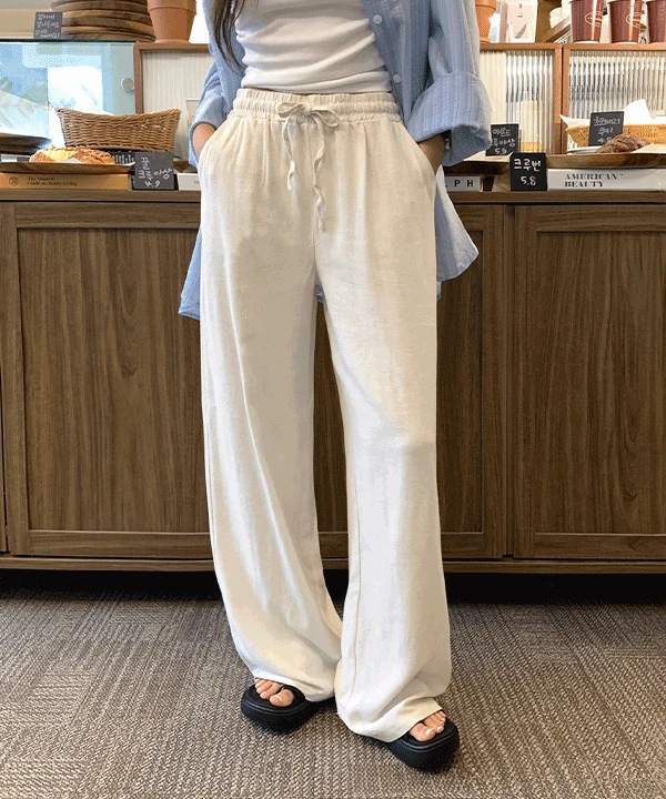 [여름] 플리드 밴딩 스트랩 린넨 와이드 팬츠 -3color