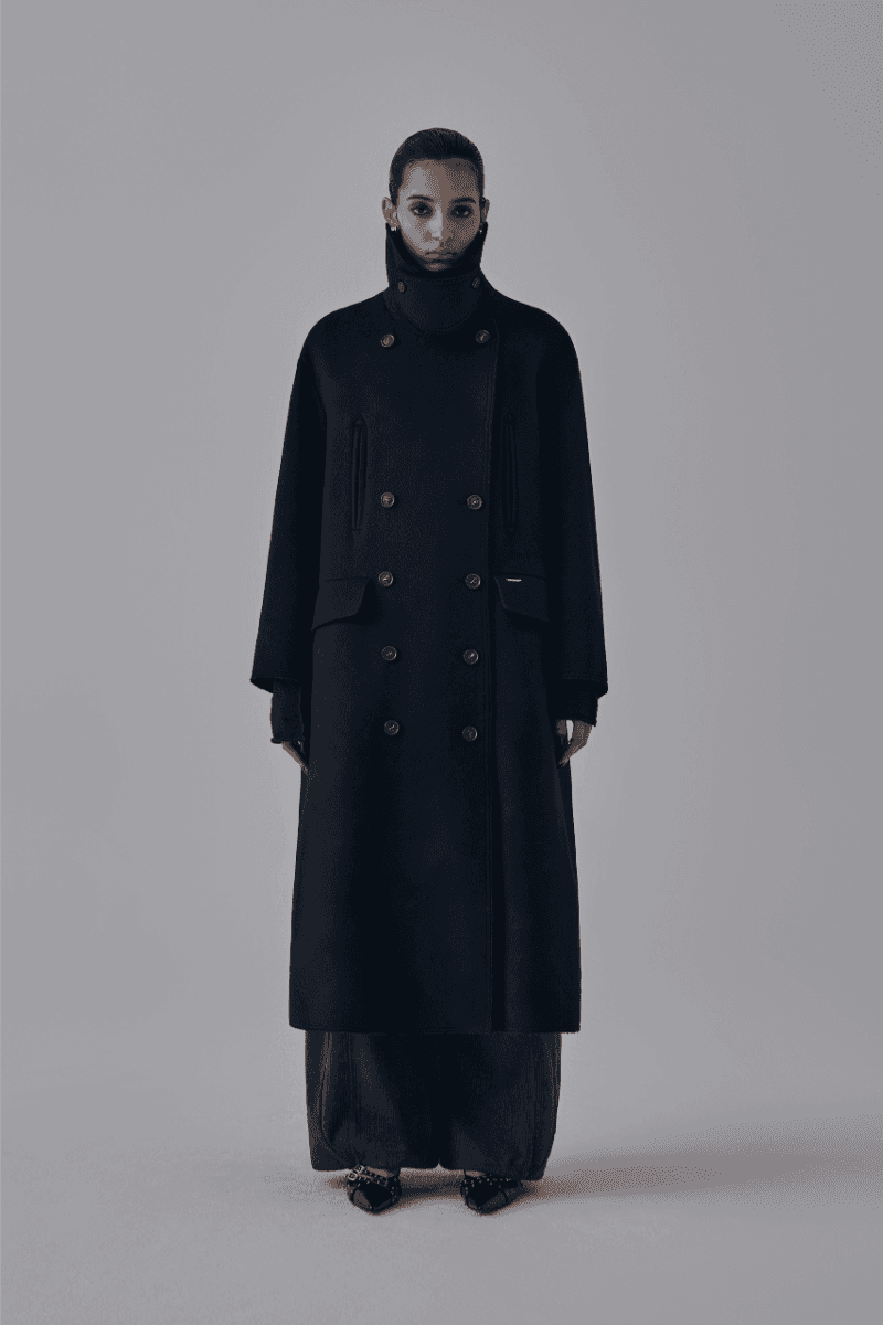 High Neck Double Button Wool Long Coat [ Black ]