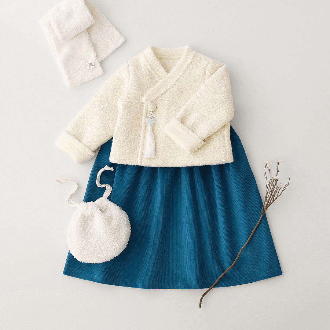 [발송예정1/20][7차][소보루한복][선물증정] 순수 하얀빛 누빔 저고리 + 원피스 덕블루