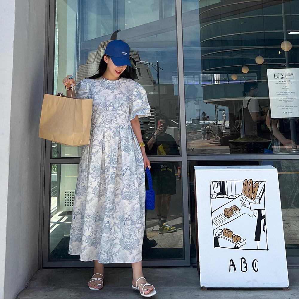 [러비수x제주] [블루] 뜨왈 린넨 핀턱 퍼프 반팔 롱 원피스