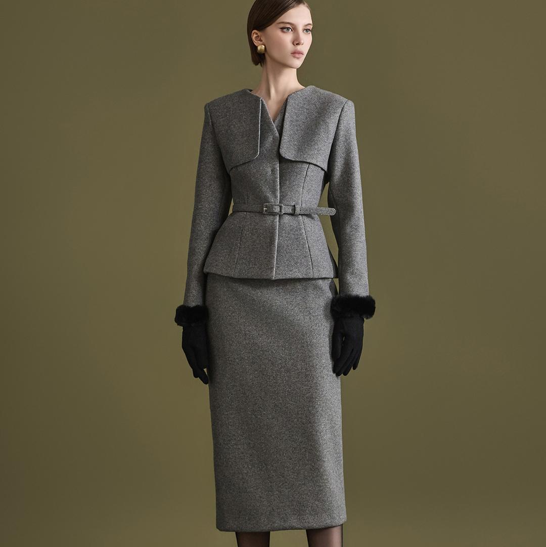 D4844 넨토 기모 슬림 자켓 스커트 투피스(벨트SET)