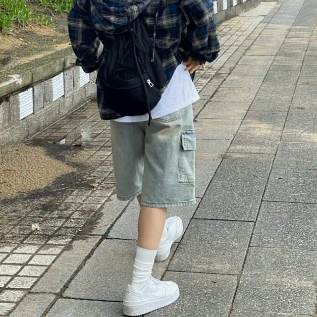 버클 카고 버뮤다 5부 데님 팬츠(연청)