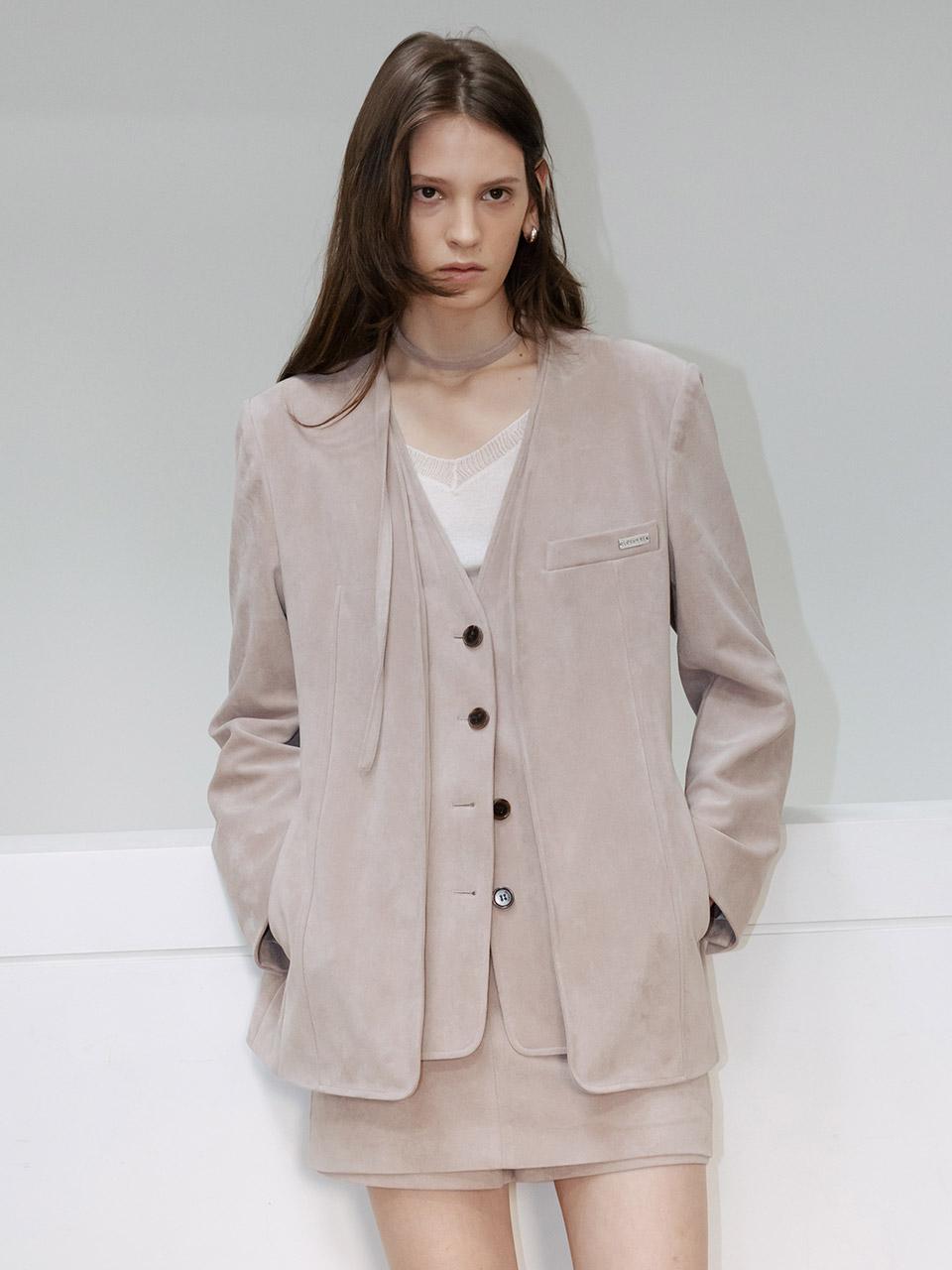 Faux Suede Collarless Layered Jacket SL6XJ938-91