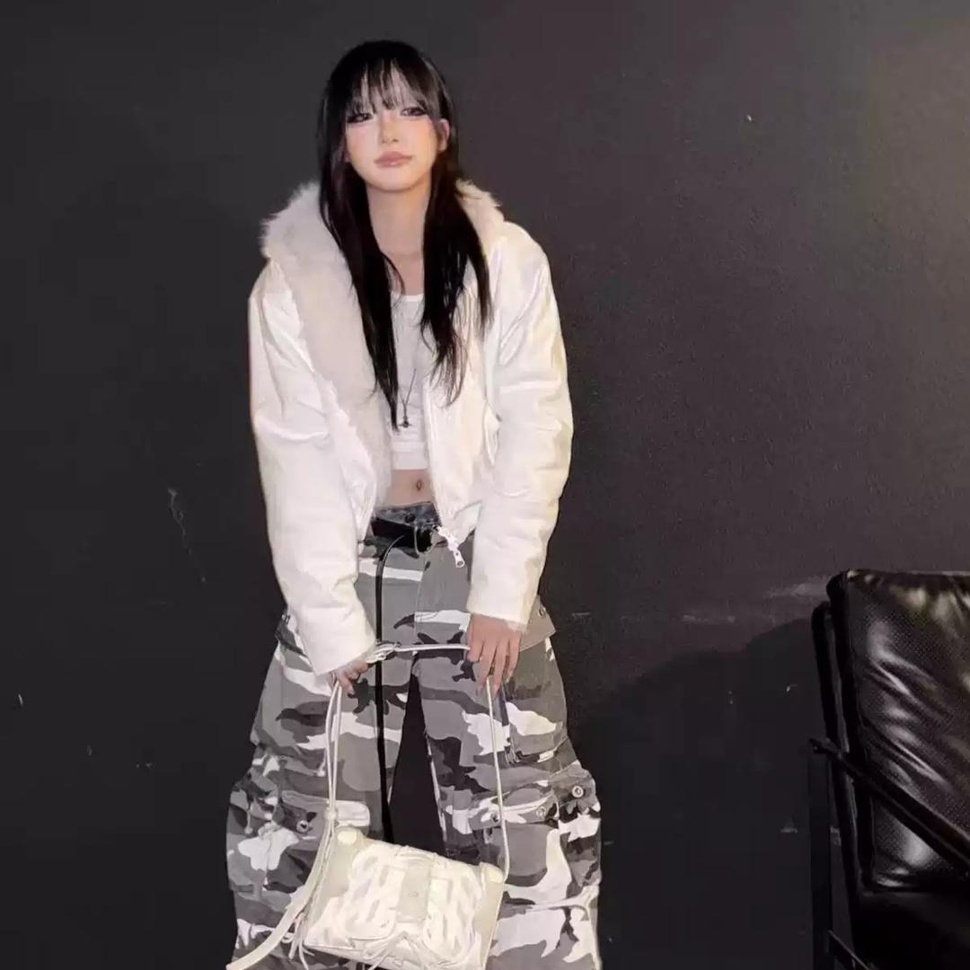 no E mosen 리버시블 퍼 후드 집업 실버 모피 크롭 자켓