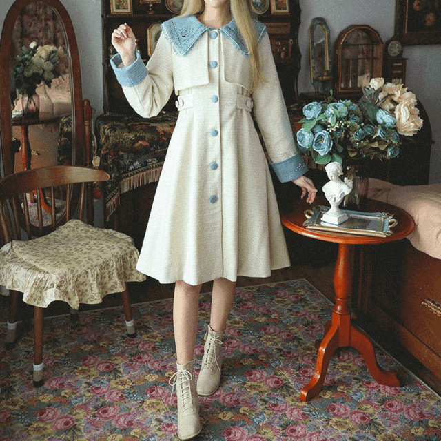 하프 자수 카라 배색 트위드 트렌치 롱 코트 ct0007