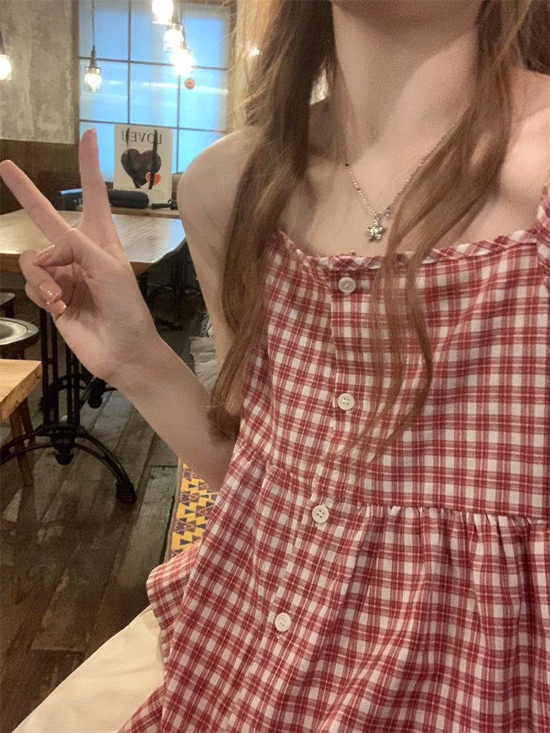 유누아 [레드체크❤️/레이어드] 버튼 셔링 끈나시 플레어 블라우스 보나