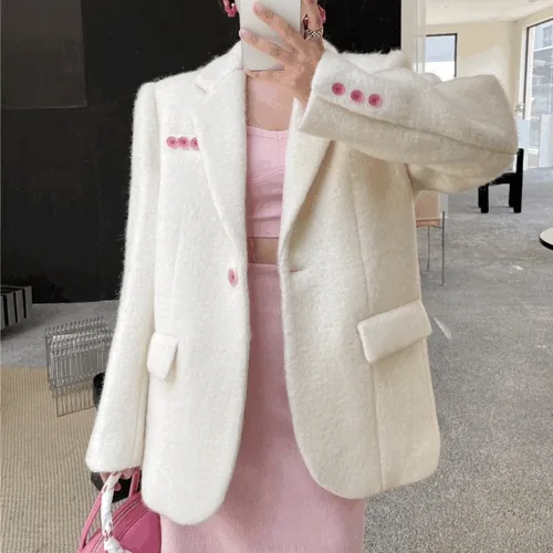 [2color] 핑크 버튼 오버핏 대디핏 앙고라 부클 퍼 울 자켓 퀄팅 코트