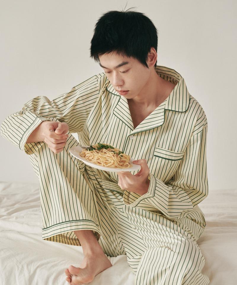 (m)스탠다드 빈 스트라이프 파자마 긴소매세트 그린레몬