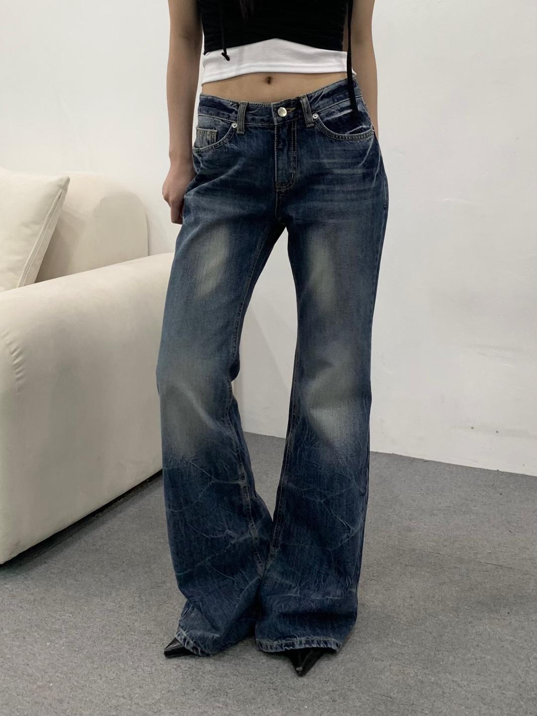 유데모닉 크랙 로우 진청 부츠컷 데님 팬츠