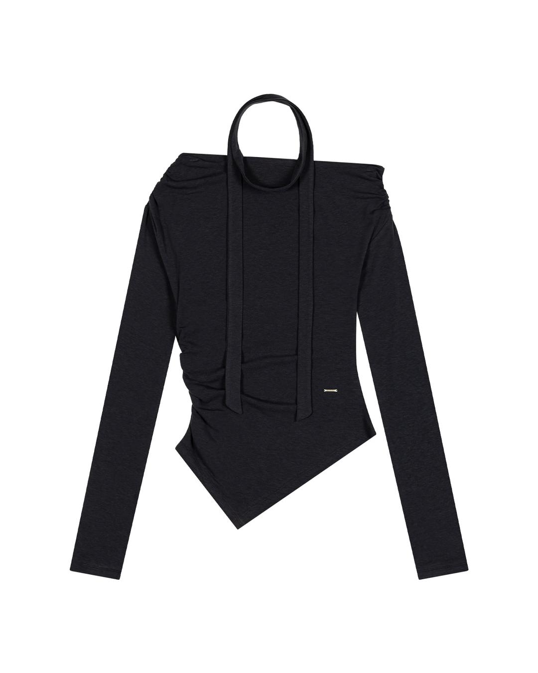 SHIRRED OFF-SHOULDER LONG SLEEVE TOP, CHARCOAL