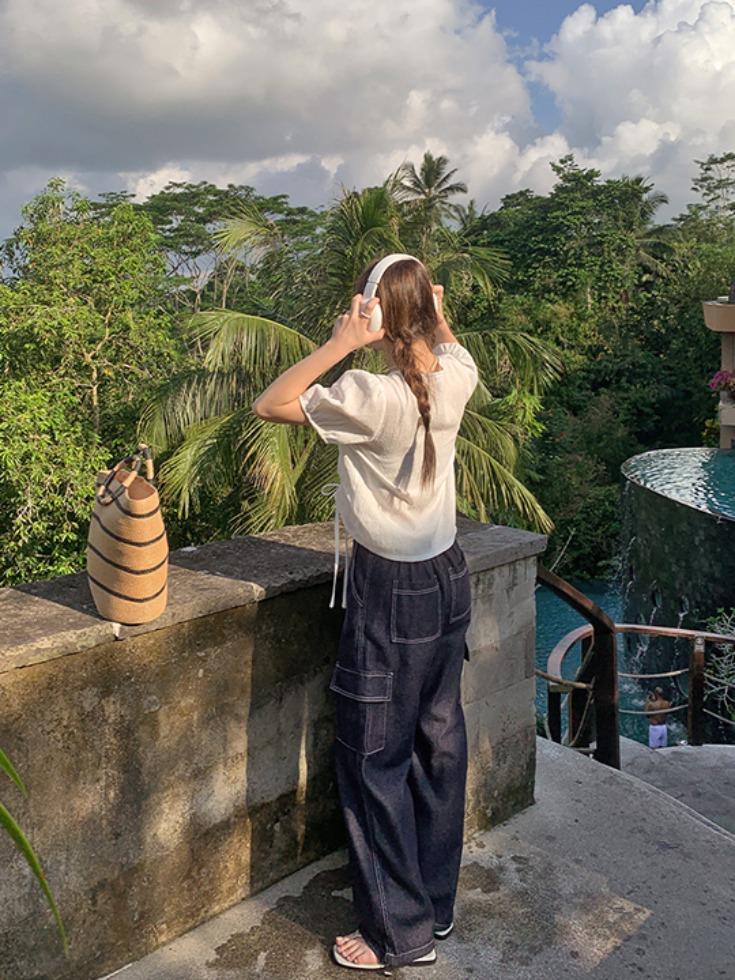 리리앤코 [25-38] [기본/롱] 크데렌츠 밴딩 카고 포켓 투웨이 데님 팬츠 청바지 ( 여름-데일리룩-데이트룩-캠퍼스룩-긱시크룩-여행룩-캐주얼룩-빅사이즈-38사이즈-자체제작-조거팬츠-와이드팬츠-와이드핏-러블리-통통녀 )