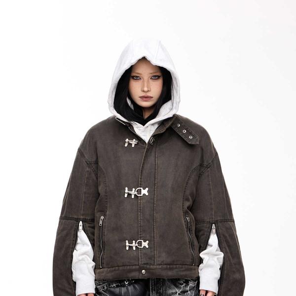 patchwork aircraft button washed short cotton jacket