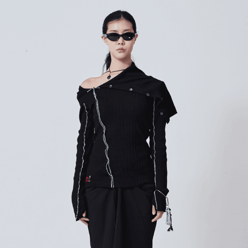 [222] Ruff Cutting High Neck & Off-Shoulder Cardigan - Black