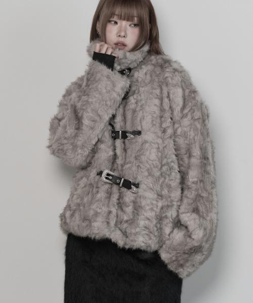 에트오소메(ETRE AU SOMMET)  웨스턴 벨트 믹스 퍼 자켓 (그레이) - 사이즈 & 후기 | 무신사