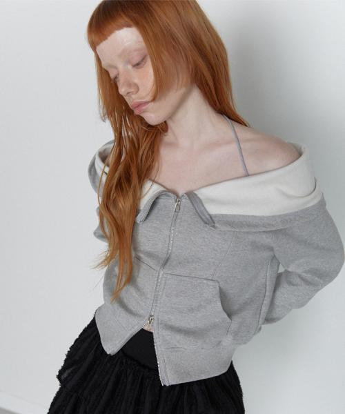 Open Halter Hoodie Zip-Up Melange Gray