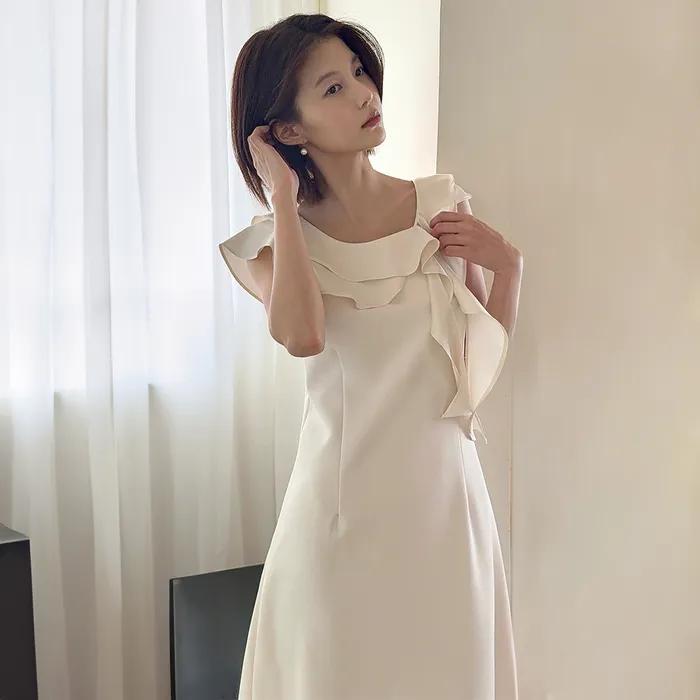 [임현주 PICK] Wave ruffle line long dress - ivory