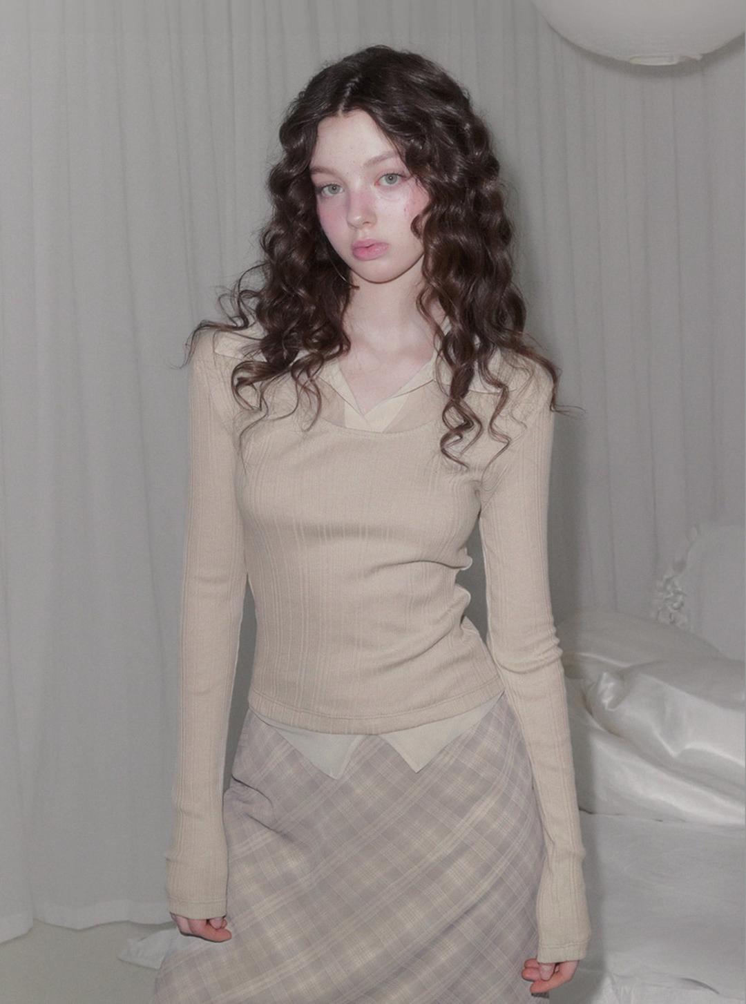 [온라인단독] [은채's pick] 르벨 시스루 카라 골지 긴팔 티셔츠