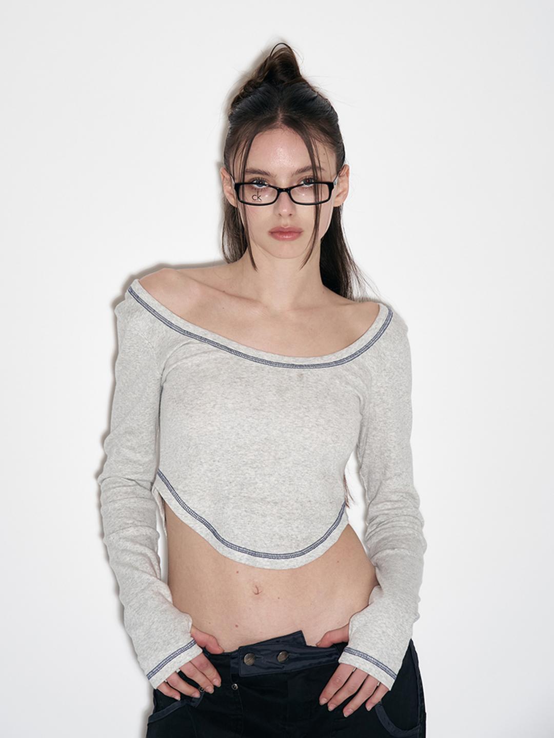 New Label Ribbed U-Line Long Sleeve Top (White Melange)