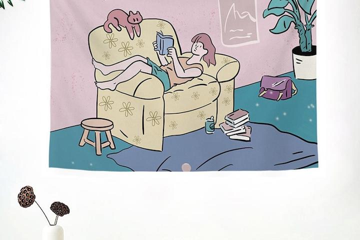 G3137 - 소녀와 고양이 일러스트  인테리어  패브릭포스터 가리개커튼 3size