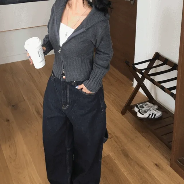 [간절기신상/허리잘록!] 데일리 투웨이 카라넥 하이넥 세미 크롭 니트 집업