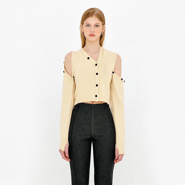 NEW CASHMERE UNBALANCE SHOULDER CUT CROP CARDIGAN - BUTTER