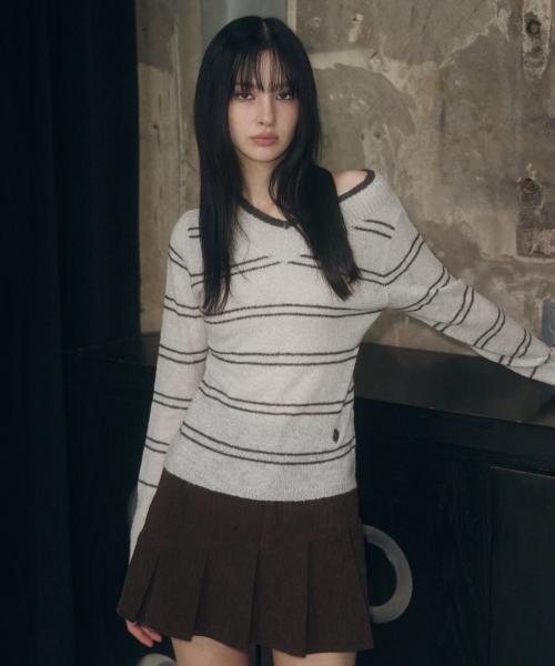 심볼 브이넥 스트라이프 니트 [OAT GREY]