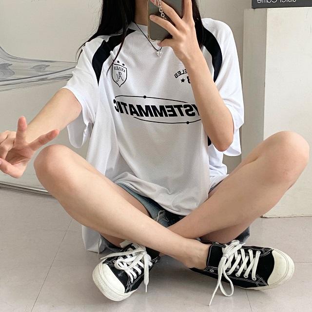 아준홀릭 스포티 블록코어 유니폼 시스템 져지 반팔 메쉬 축구 풋볼 운동복 땀복 y2k