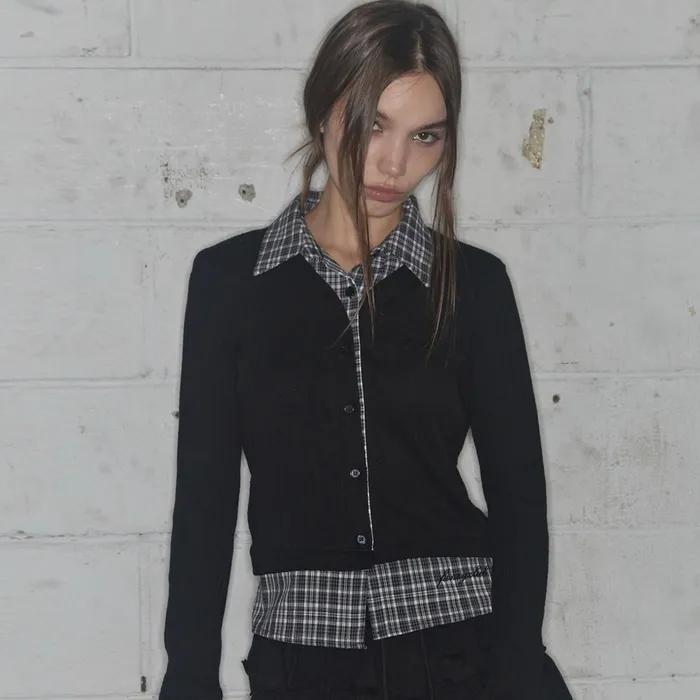 CHECK SHIRT LAYERED CARDIGAN (BLACK)_F24ZB066