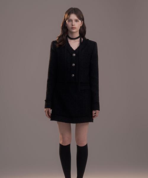 프린지 트위드 스커트-블랙