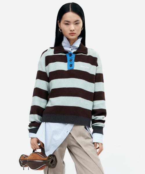 BOLD STRIPE COLLAR SWEATER atb1385w(BROWN/JADE)