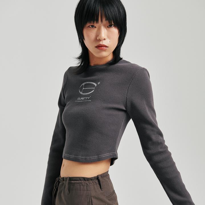 C 90S LINE WAFFLE LONG SLEEVE T-SHIRT_CHARCOAL