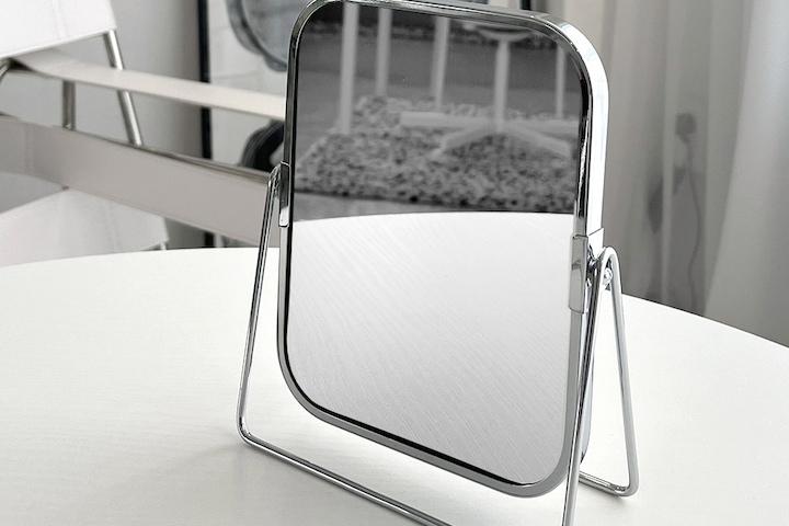 실버 스틸 사각 회전 탁상 양면 화장 거울 각도조절