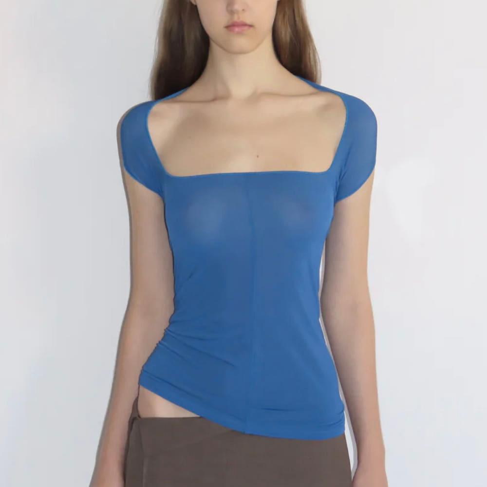 팔로마울 Emy 쉬어 비대칭 멀티포지션 탑 블루 여성용