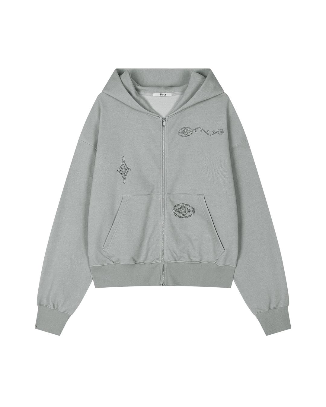GRAPHIC WASHED HOODED ZIP-UP, ASH KHAKI
