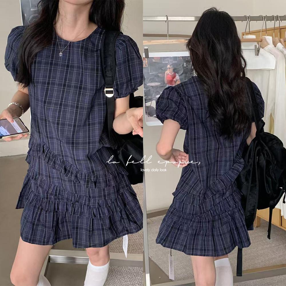 요요 여름 라운드 퍼프 언발 프릴 체크 미니 원피스