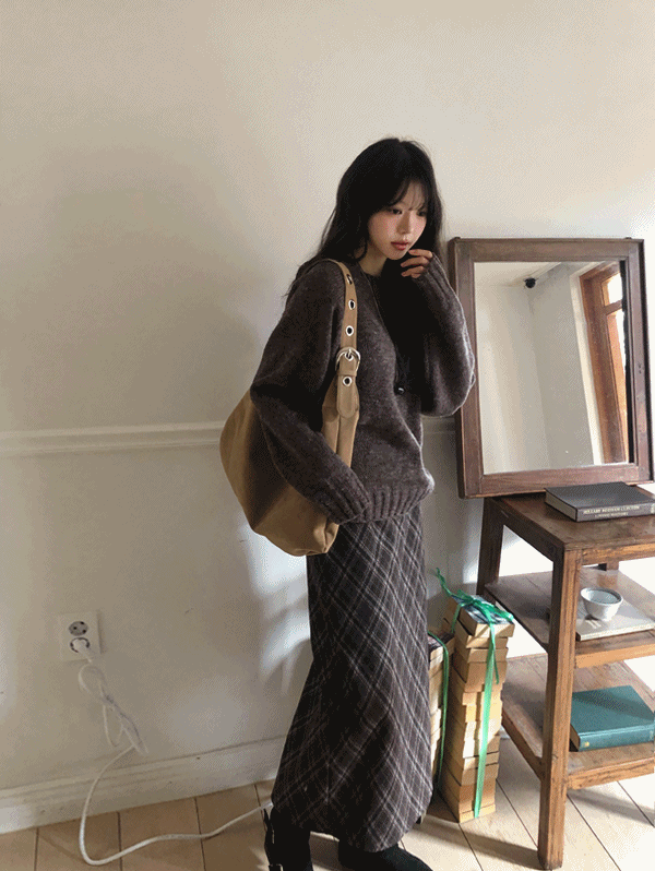 무드인슬로우 [겨울약기모] 메이플 체크 롱스커트